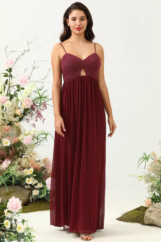 Burgundy Spaghetti Straps Lace Bridesmaid Dress with Hollow-out sold by Zapaka