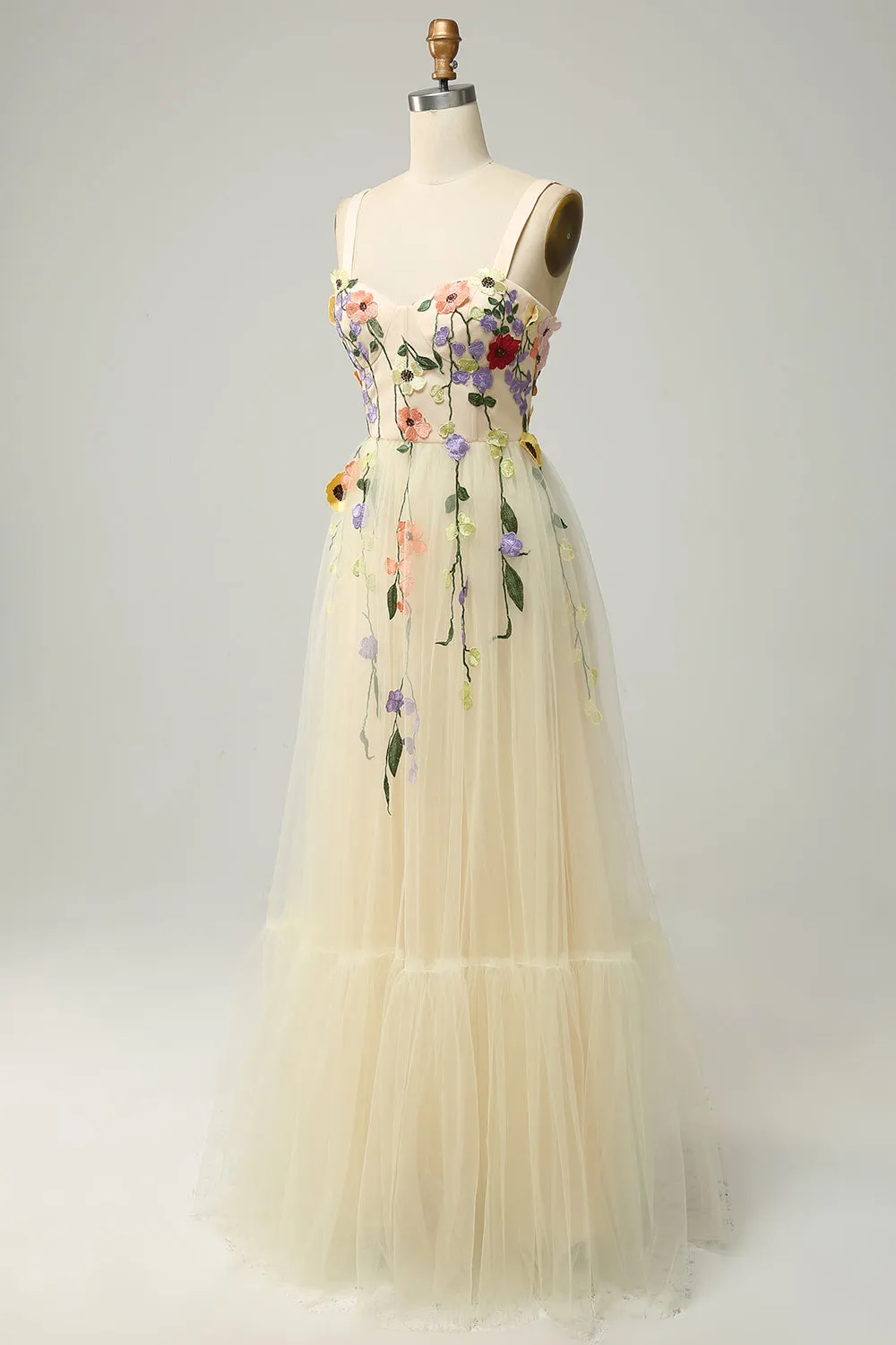 A Line Spaghetti Straps Champagne Long Prom Dress with Appliques sold by Zapaka product image thumbnail 3