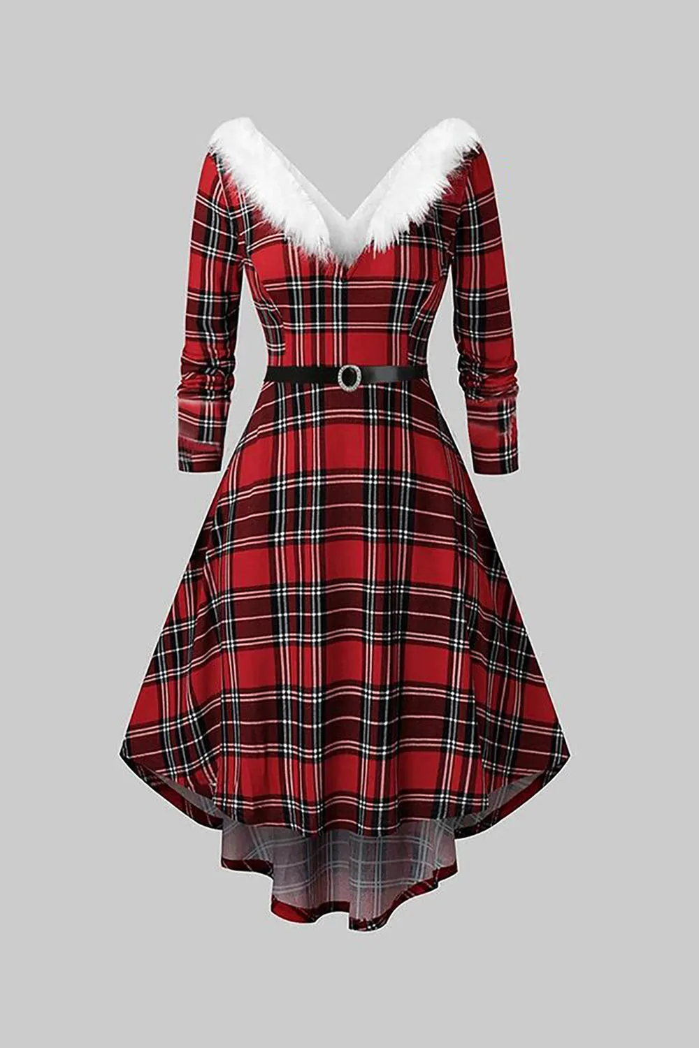 V Neck Green Plaid Christmas Dress with Fur Collar sold by Zapaka product image thumbnail 3