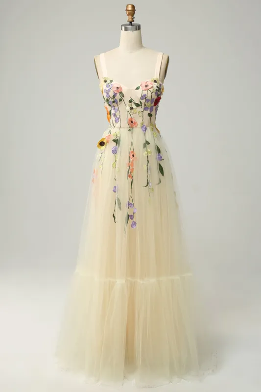 A Line Spaghetti Straps Champagne Long Prom Dress with Appliques sold by Zapaka
