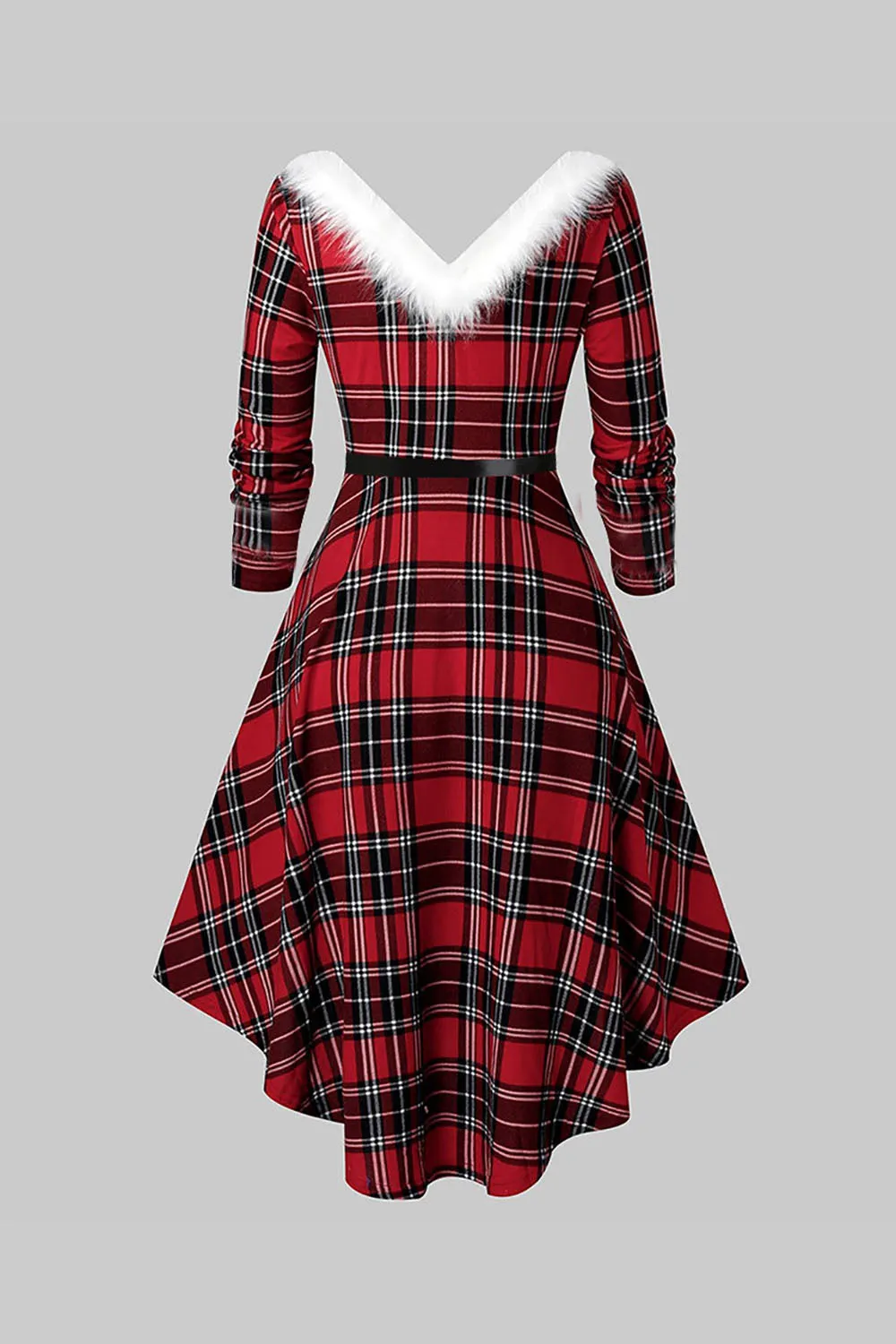 V Neck Green Plaid Christmas Dress with Fur Collar sold by Zapaka product image thumbnail 4