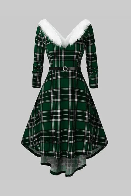 V Neck Green Plaid Christmas Dress with Fur Collar sold by Zapaka