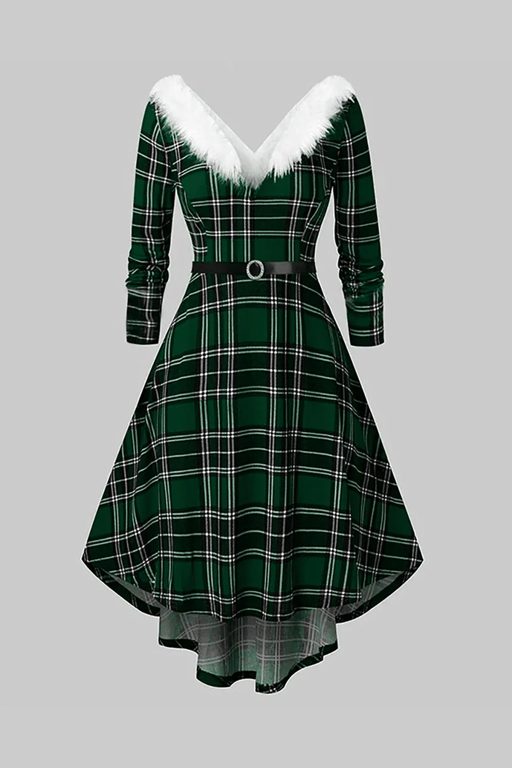 V Neck Green Plaid Christmas Dress with Fur Collar sold by Zapaka
