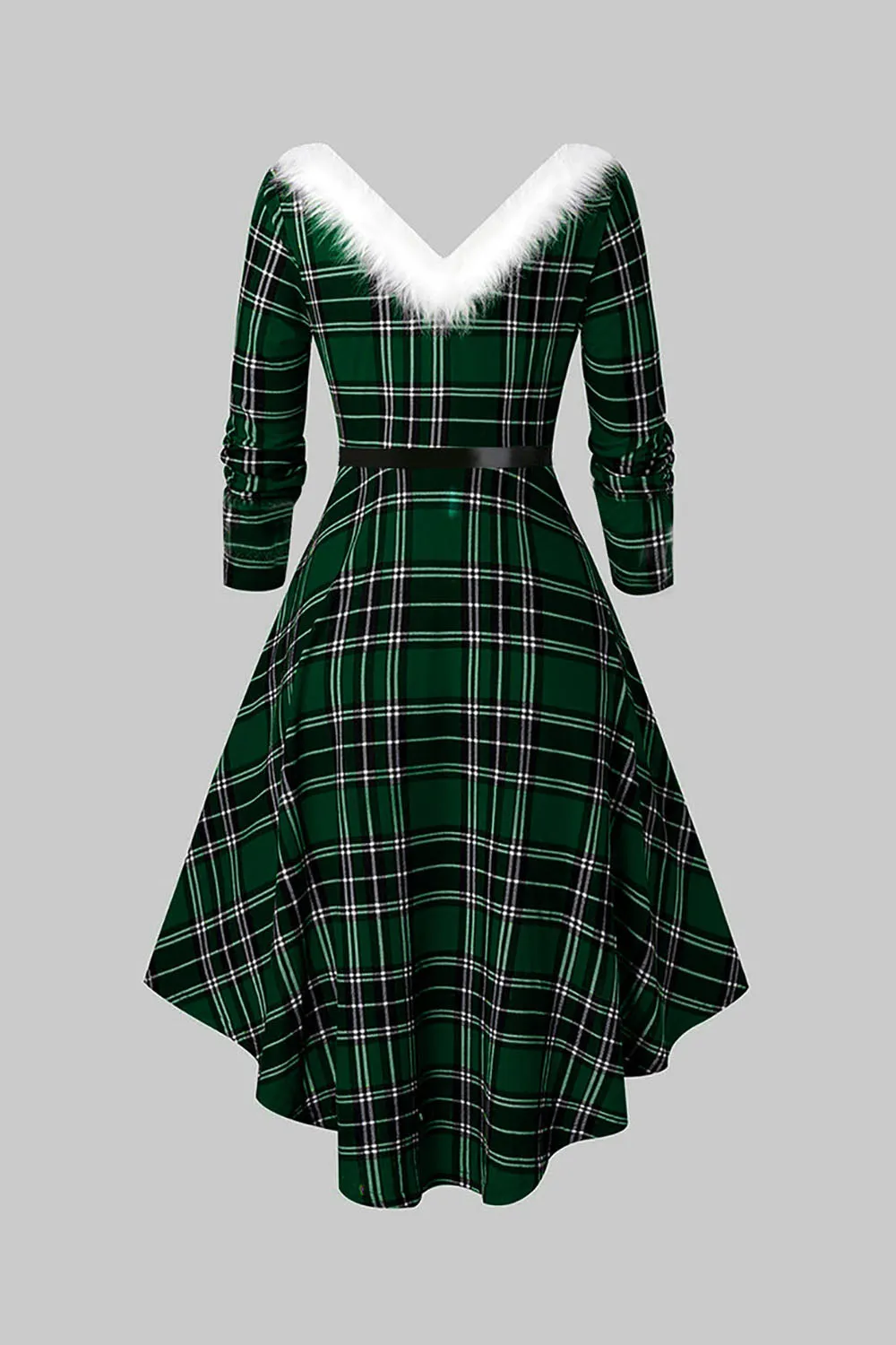 V Neck Green Plaid Christmas Dress with Fur Collar sold by Zapaka product image thumbnail 2