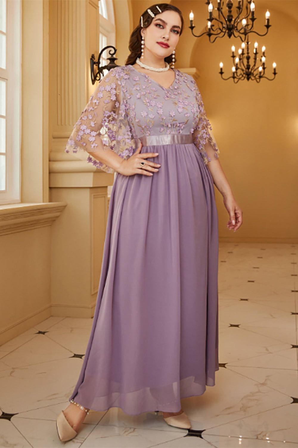 Plus Size Grey Purple Chiffon Mother of the Bride Dress with Appliques sold by Zapaka product image thumbnail 5