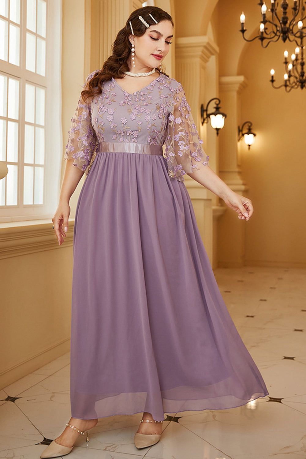 Plus Size Grey Purple Chiffon Mother of the Bride Dress with Appliques sold by Zapaka product image thumbnail 6