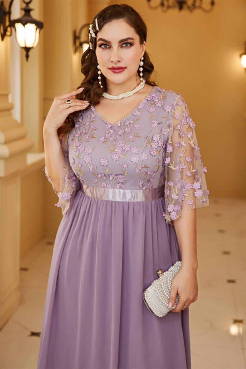 Plus Size Grey Purple Chiffon Mother of the Bride Dress with Appliques sold by Zapaka product image thumbnail 3