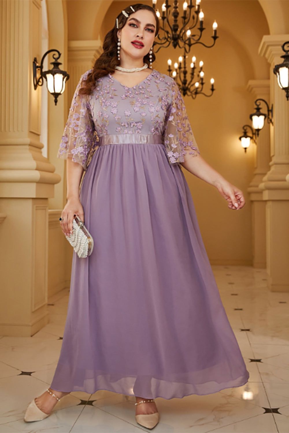 Plus Size Grey Purple Chiffon Mother of the Bride Dress with Appliques sold by Zapaka