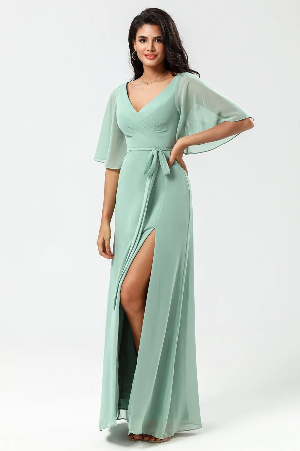 Chiffon V-neck Mint Bridesmaid Dress with Slit sold by Zapaka product image thumbnail 3