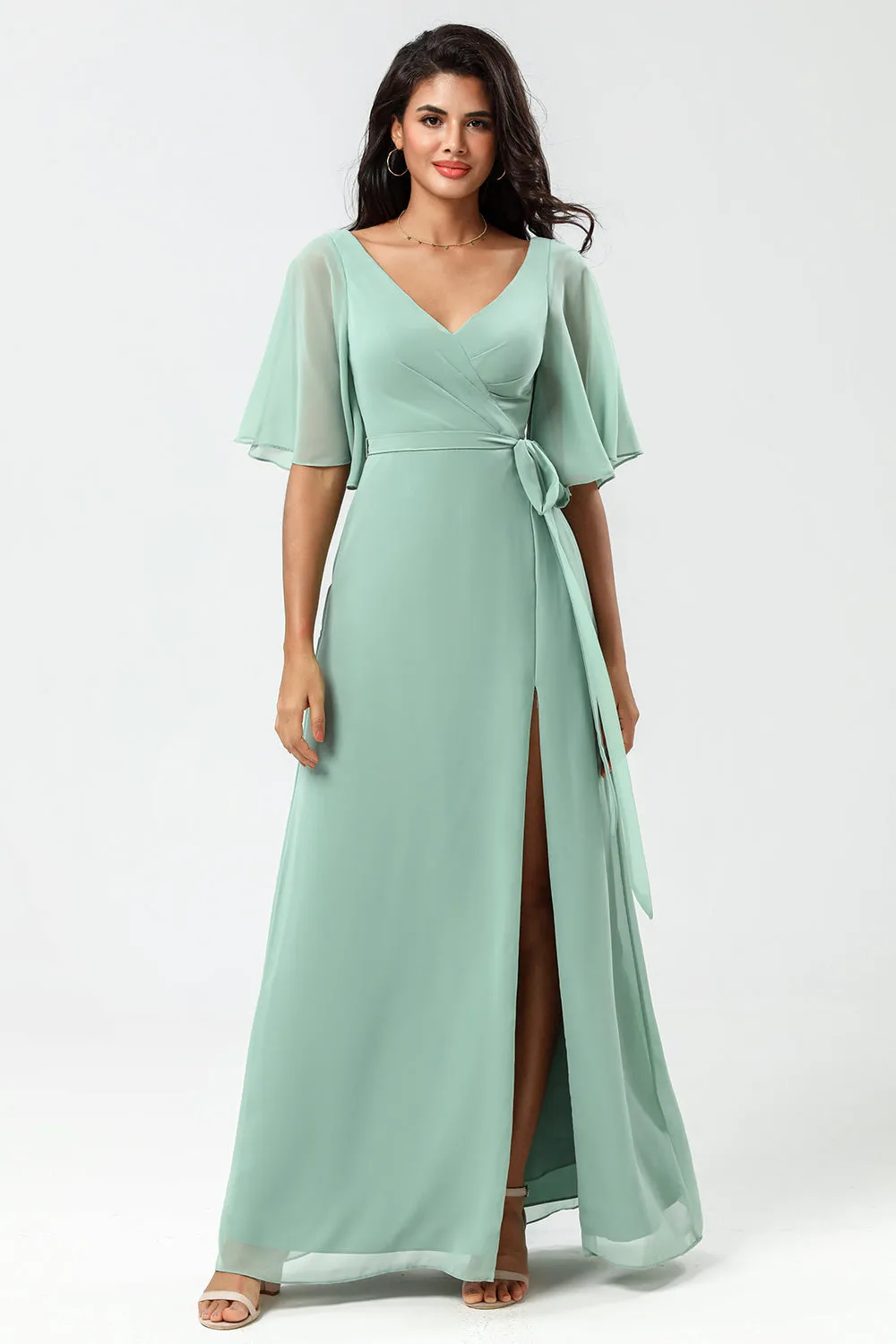 Chiffon V-neck Mint Bridesmaid Dress with Slit sold by Zapaka product image thumbnail 4