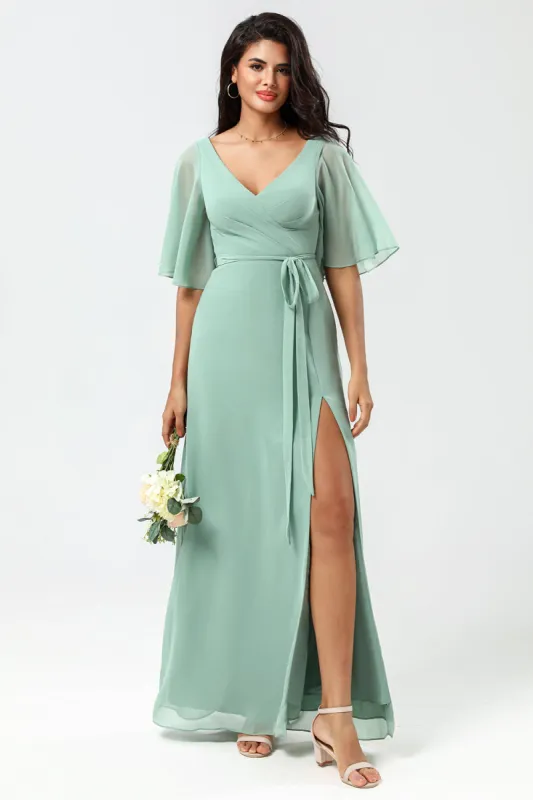 Chiffon V-neck Mint Bridesmaid Dress with Slit sold by Zapaka