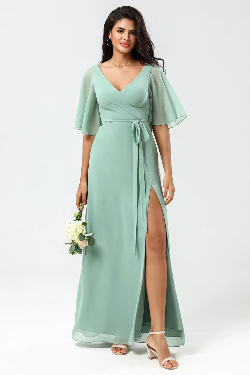 Chiffon V-neck Mint Bridesmaid Dress with Slit sold by Zapaka
