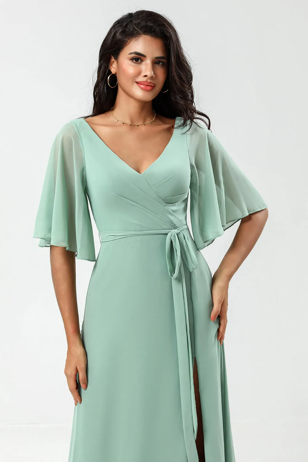 Chiffon V-neck Mint Bridesmaid Dress with Slit sold by Zapaka product image thumbnail 5