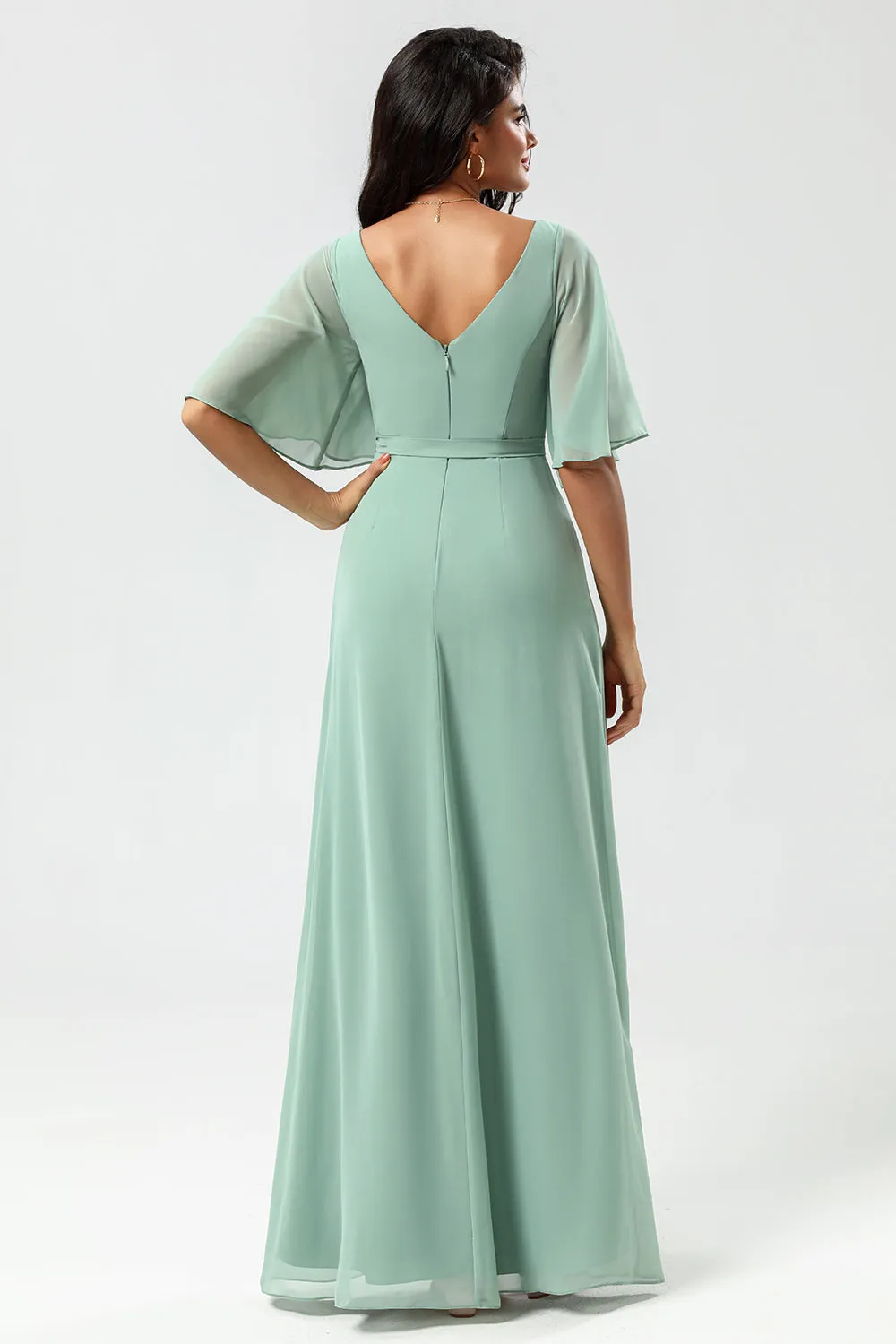 Chiffon V-neck Mint Bridesmaid Dress with Slit sold by Zapaka product image thumbnail 2