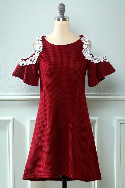 Dark Red Off the Shoulder Knitted Dress with Appliques sold by Zapaka