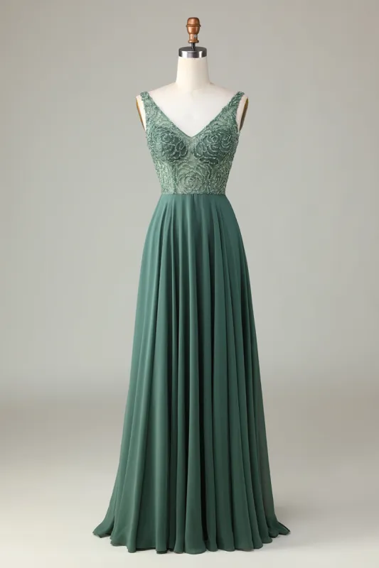 A-Line Beaded Eucalyptus Long Bridesmaid Dress sold by Zapaka