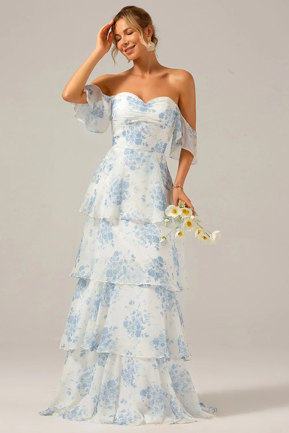 White Blue Floral Boho Chiffon Ruffled Long Bridesmaid Dress sold by Zapaka product image thumbnail 5