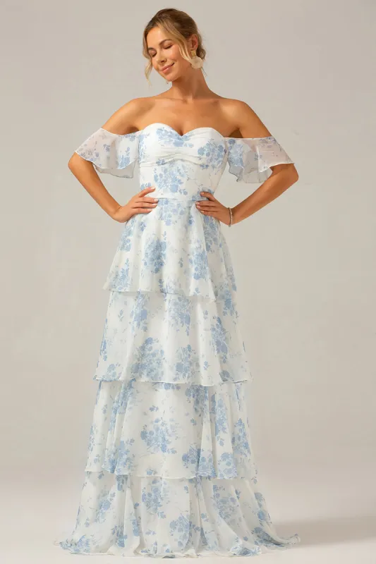 White Blue Floral Boho Chiffon Ruffled Long Bridesmaid Dress sold by Zapaka