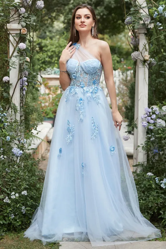 Sky Blue A Line One Shoulder Long Prom Dress with Appliques sold by Zapaka