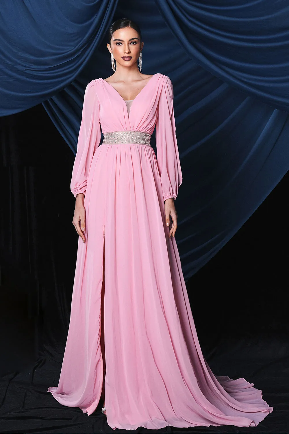 Pink Chiffon Long Sleeves Prom Dress With Slit sold by Zapaka product image thumbnail 5