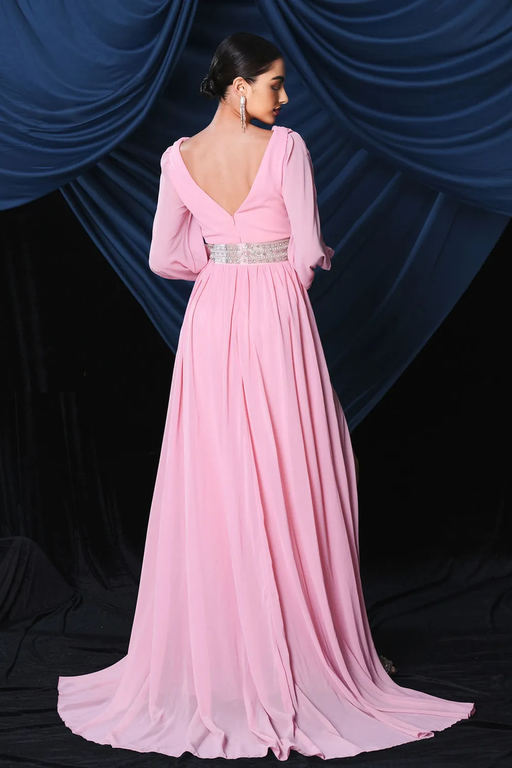 Pink Chiffon Long Sleeves Prom Dress With Slit sold by Zapaka product image thumbnail 2