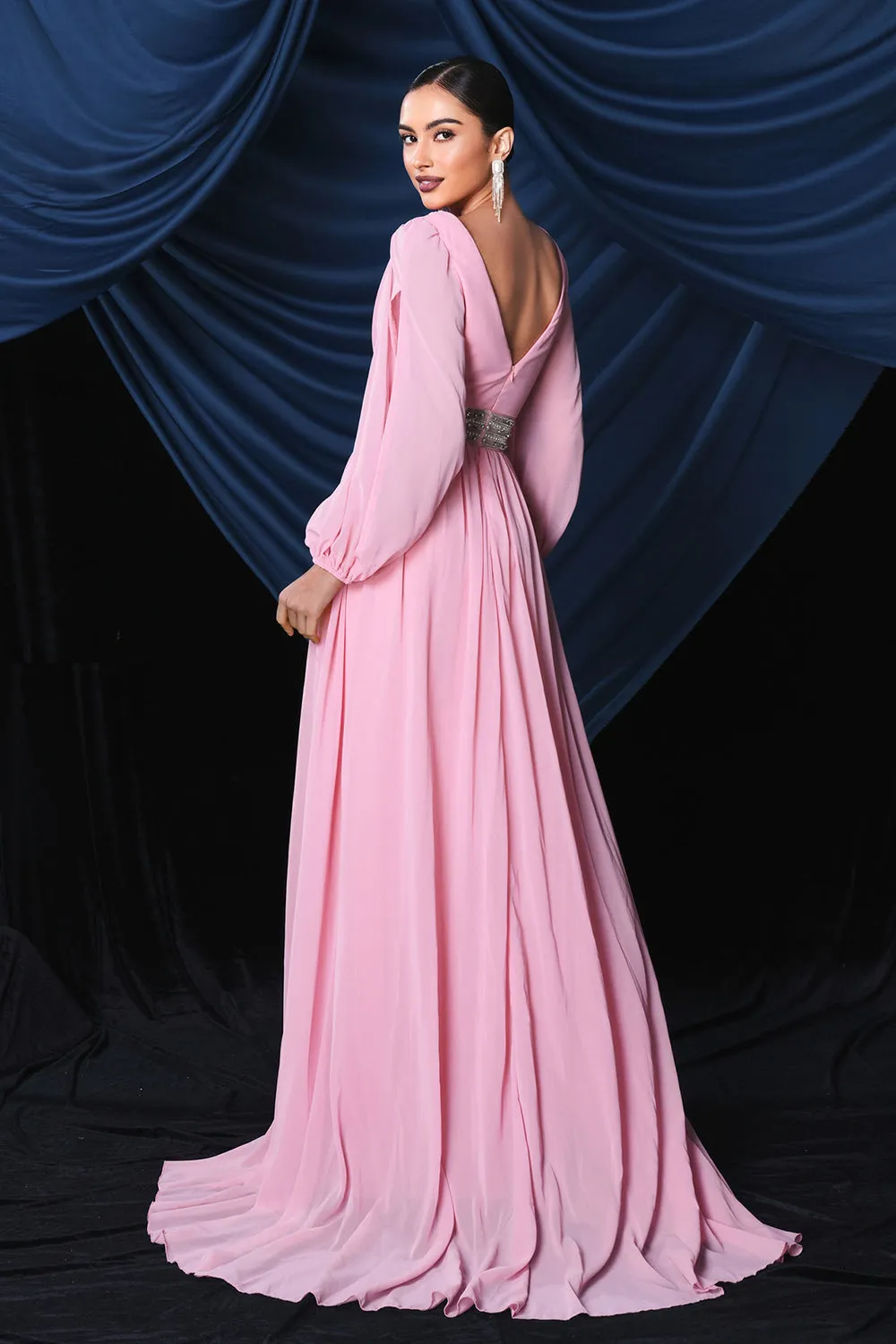 Pink Chiffon Long Sleeves Prom Dress With Slit sold by Zapaka product image thumbnail 3