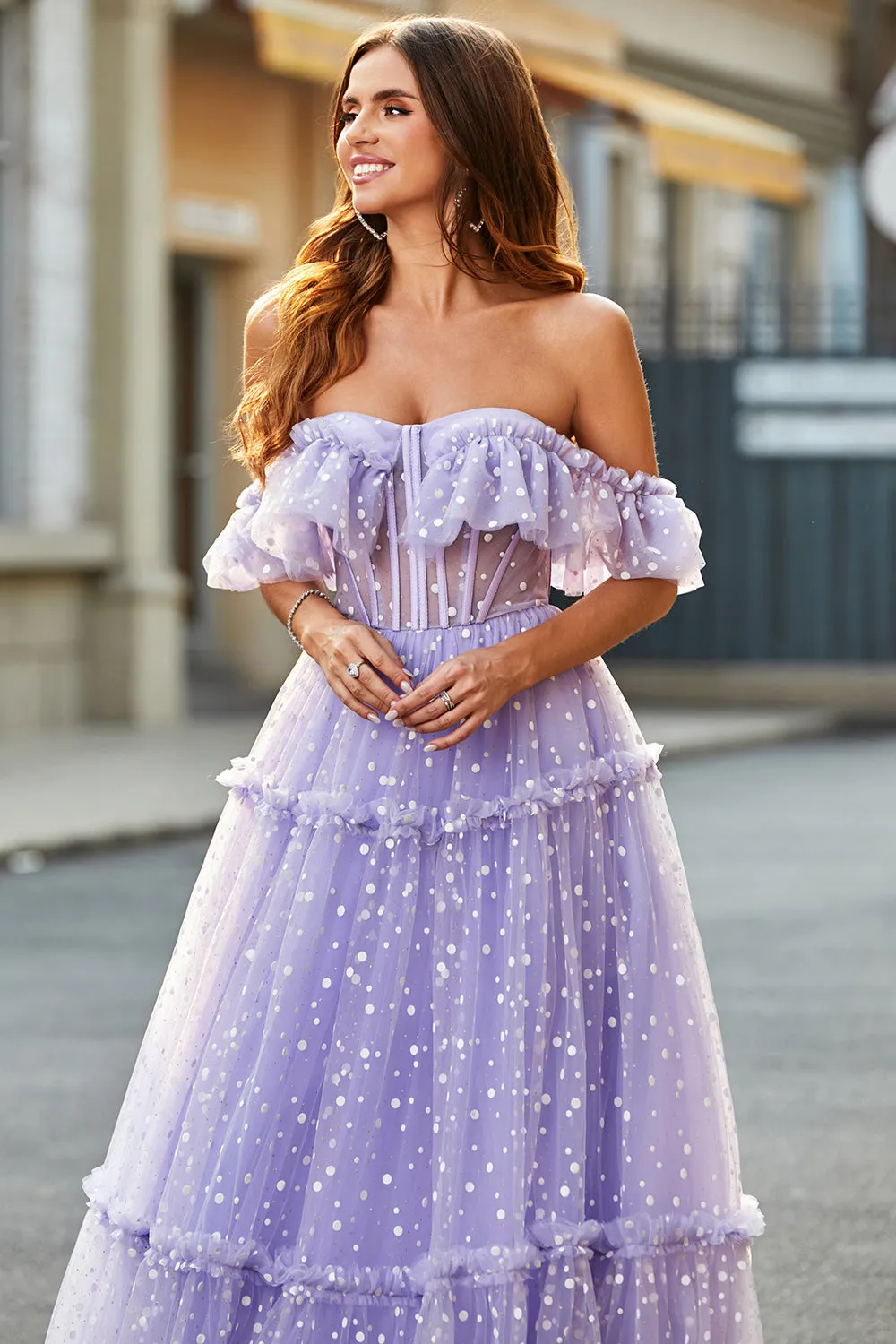 Off The Shoulder Lilac Corset A-Line Long Prom Dress sold by Zapaka product image thumbnail 3