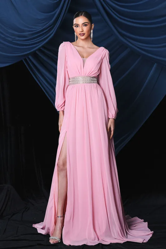 Pink Chiffon Long Sleeves Prom Dress With Slit sold by Zapaka