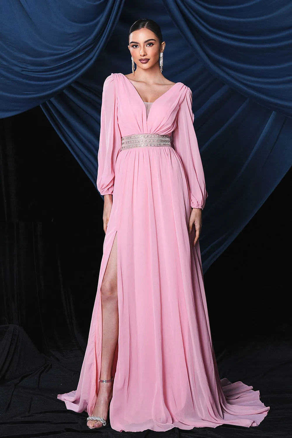 Pink Chiffon Long Sleeves Prom Dress With Slit sold by Zapaka