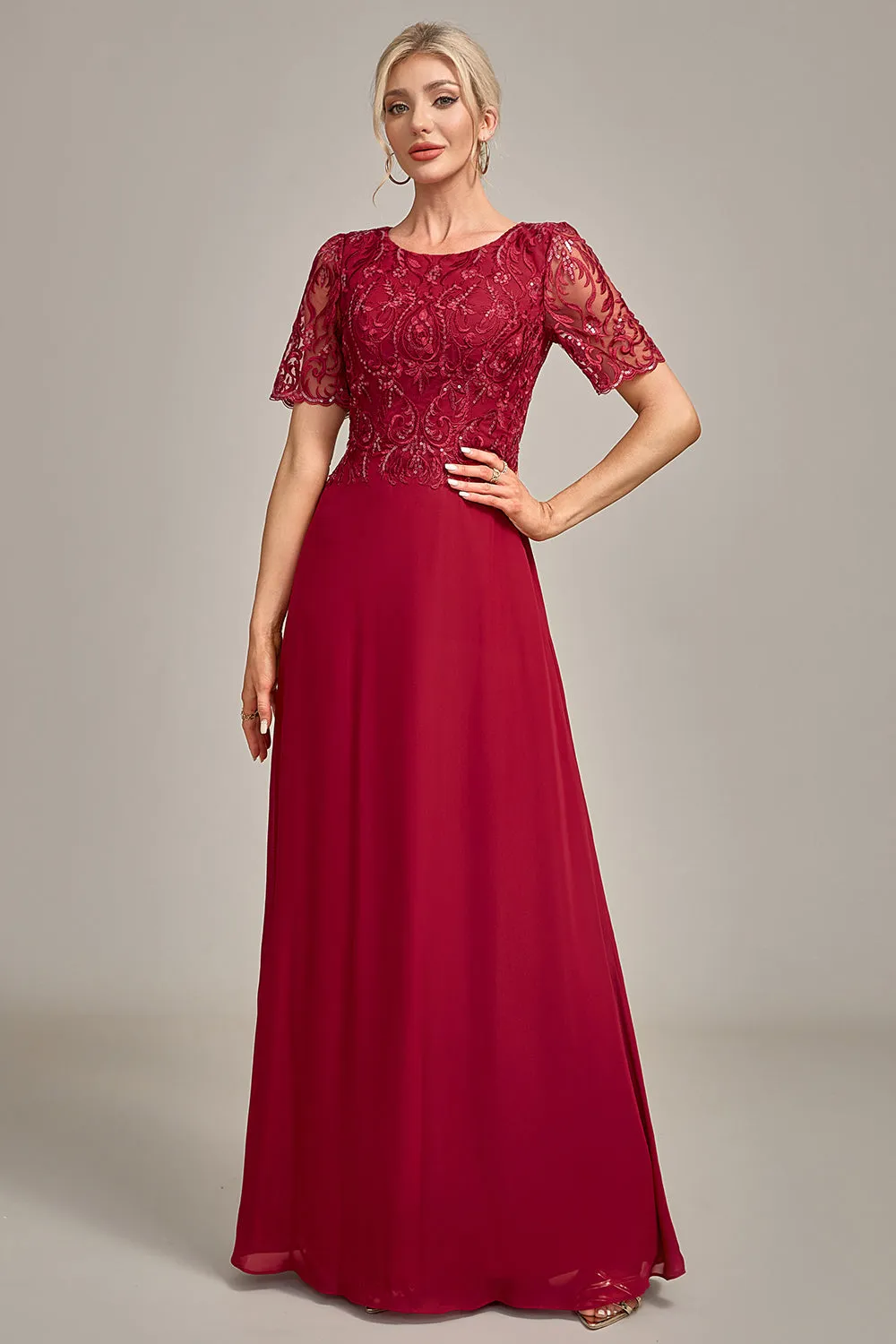 Burgundy A Line Round Neck Sequin Mother of Bride Dress With Appliques sold by Zapaka product image thumbnail 3