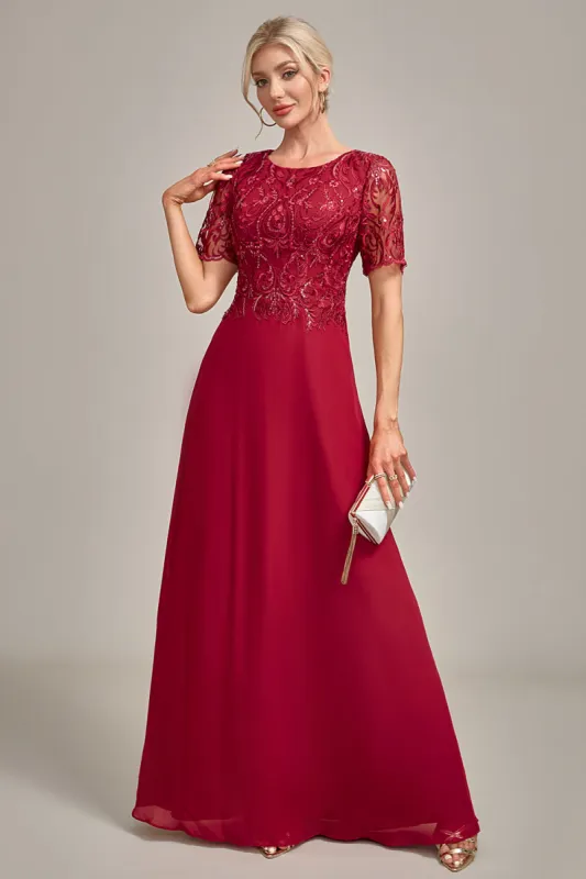 Burgundy A Line Round Neck Sequin Mother of Bride Dress With Appliques sold by Zapaka