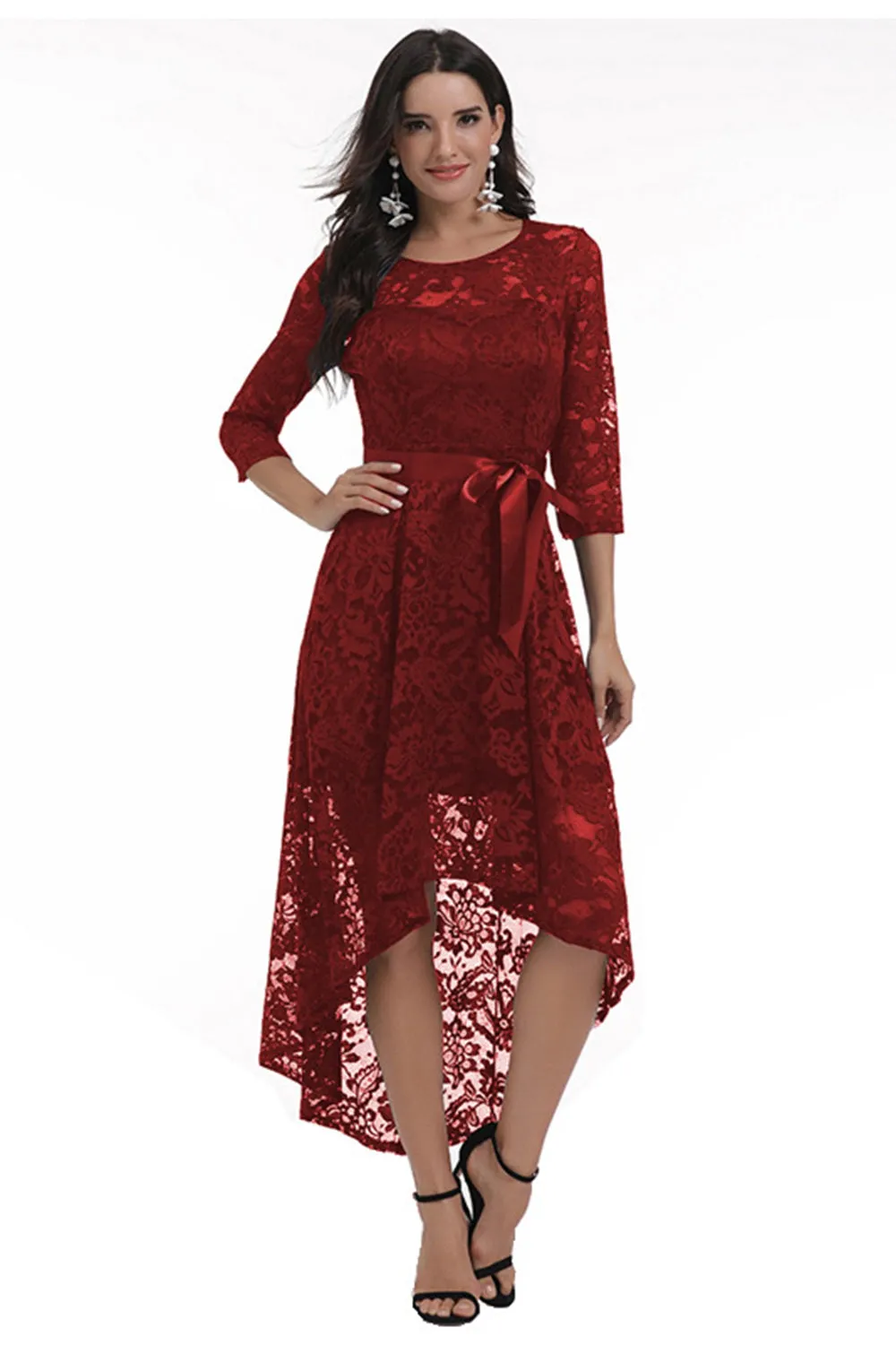 Burgundy High Low Lace Dress sold by Zapaka