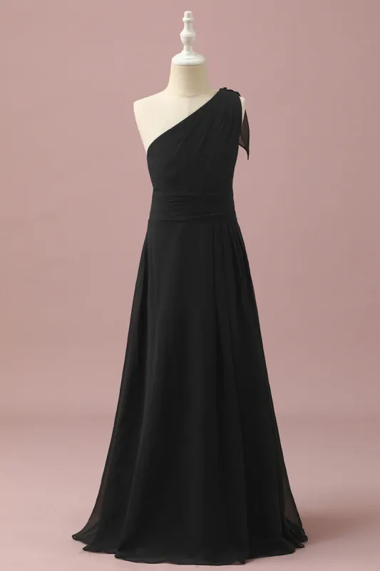Black Chiffon One Shoulder A-Line Junior Bridesmaid Dress sold by Zapaka