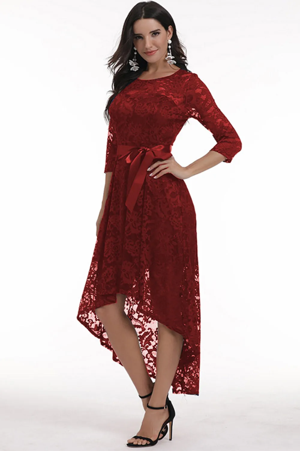 Burgundy High Low Lace Dress sold by Zapaka product image thumbnail 3