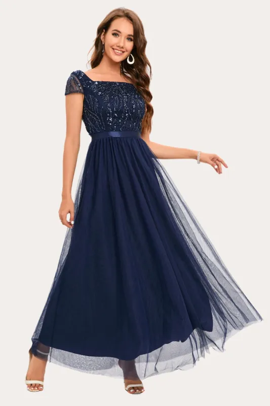 Sparkly Navy Beaded Square Neck Long Tulle Prom Dress sold by Zapaka