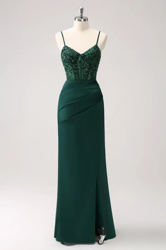 Dark Green Mermaid Spaghetti Straps Satin Long Bridesmaid Dress with Slit sold by Zapaka