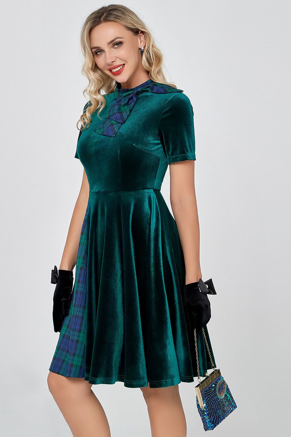 Dark Green Plaid Vintage Velvet Dress sold by Zapaka product image thumbnail 5