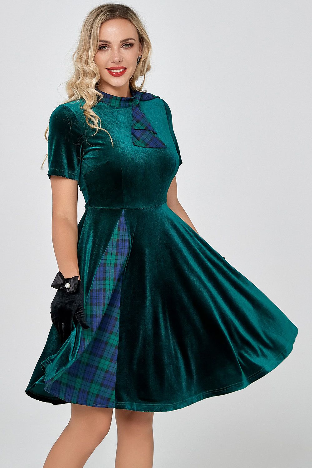 Dark Green Plaid Vintage Velvet Dress sold by Zapaka product image thumbnail 3