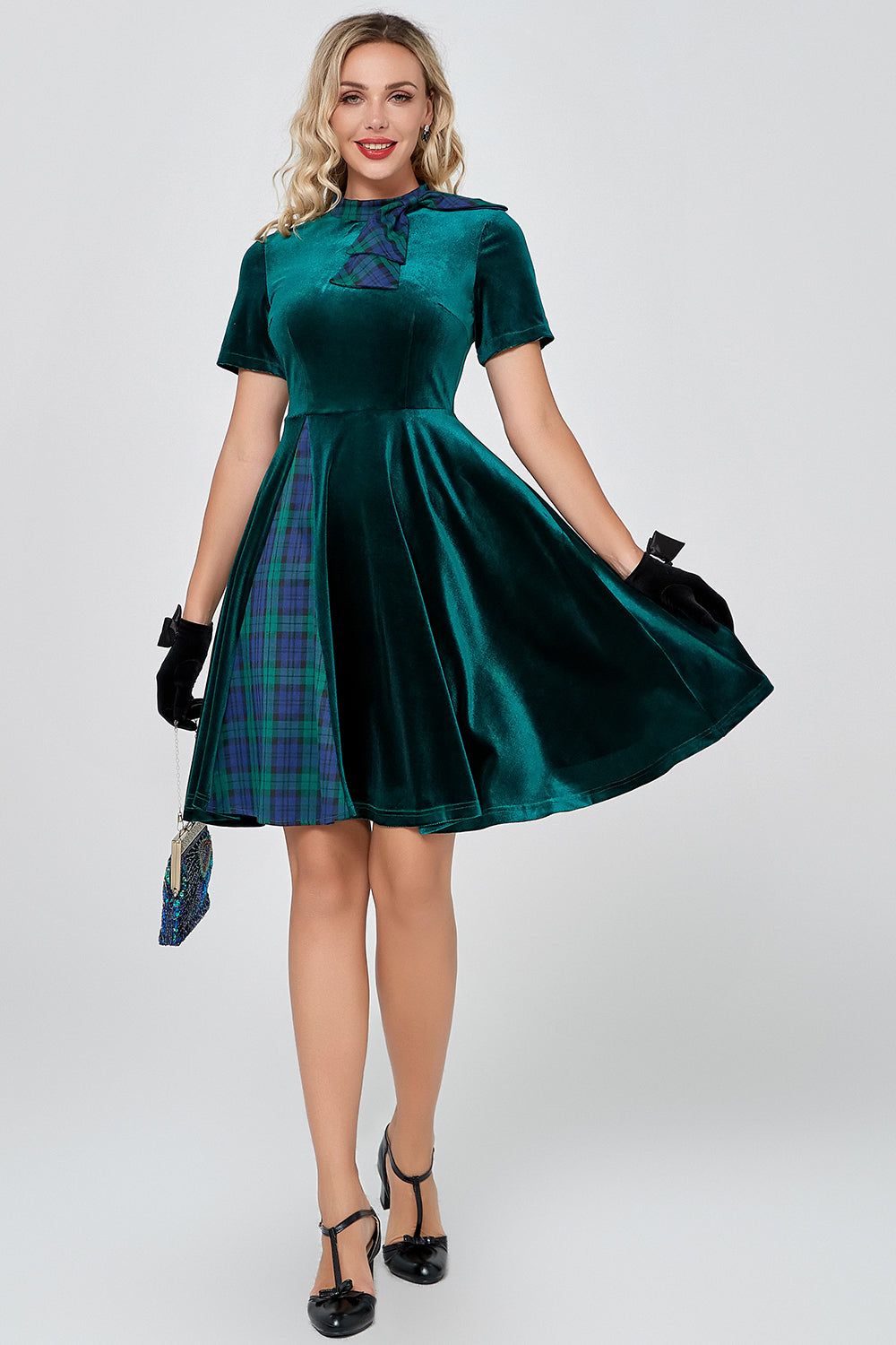 Dark Green Plaid Vintage Velvet Dress sold by Zapaka product image thumbnail 4