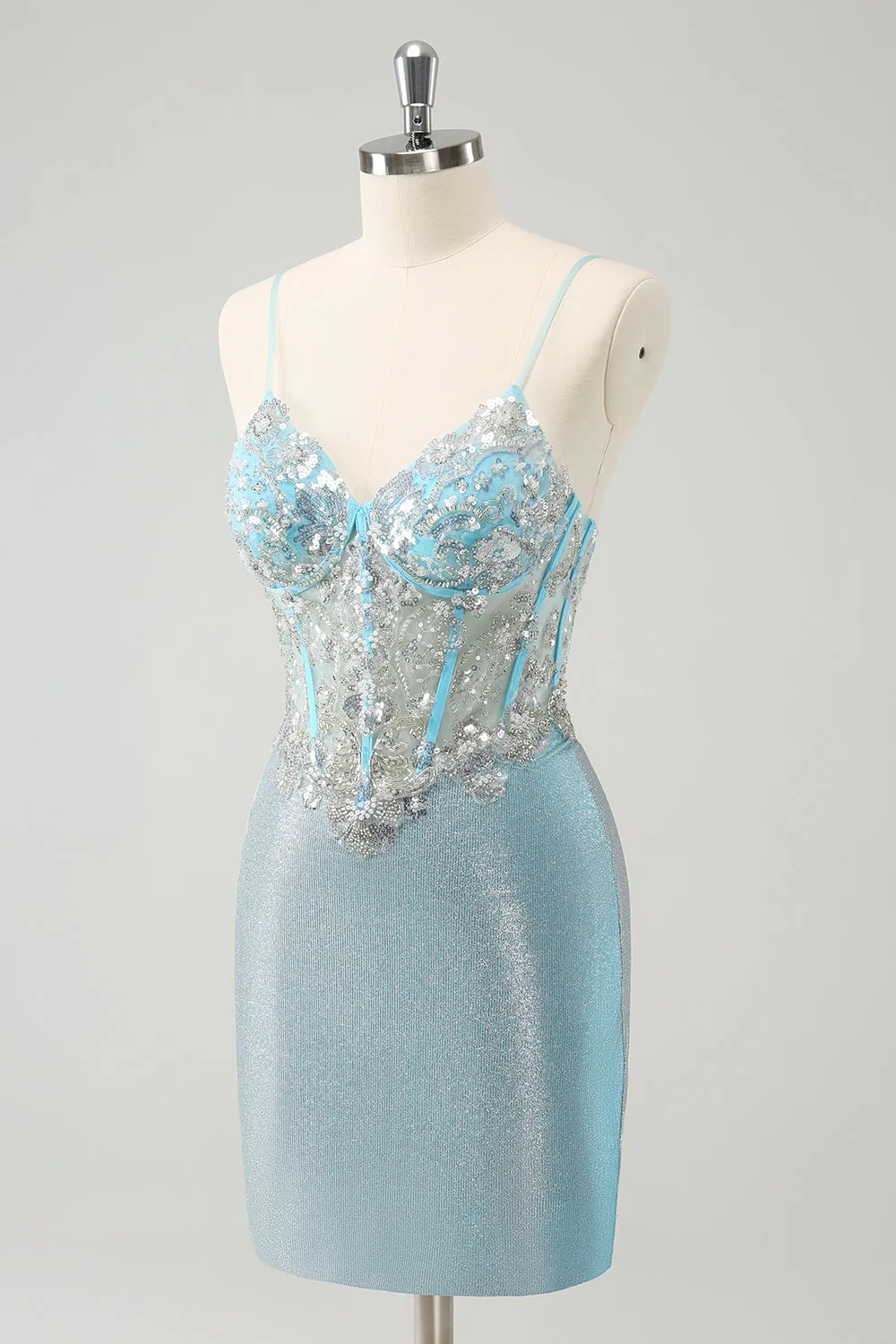 Light Blue Spaghetti Straps Tight Corset Short Homecoming Dress with Sequins sold by Zapaka product image thumbnail 3