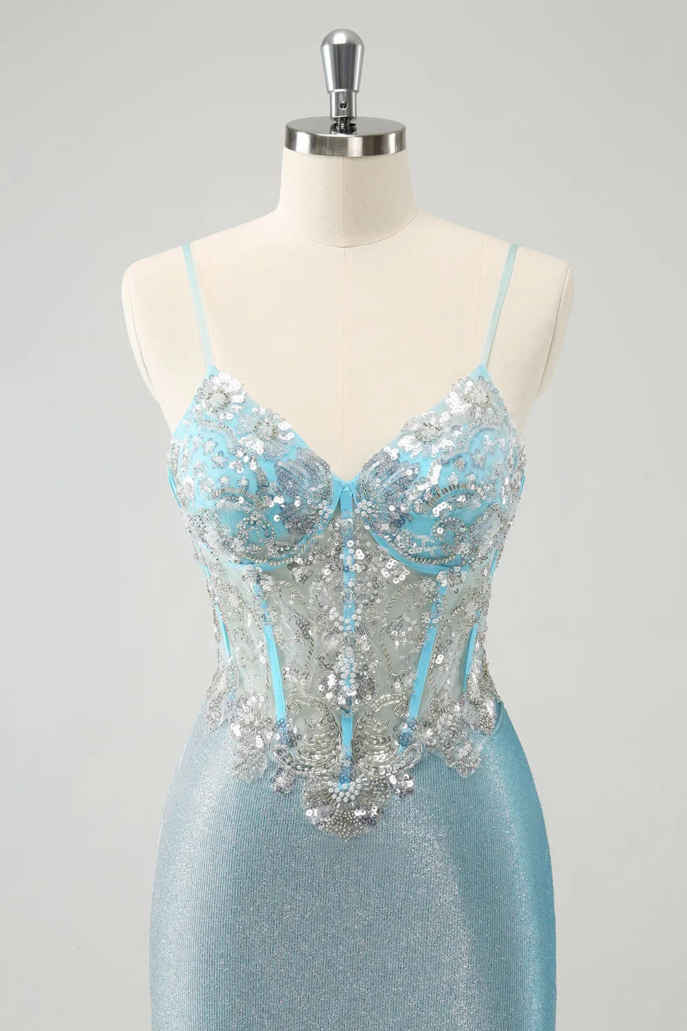 Light Blue Spaghetti Straps Tight Corset Short Homecoming Dress with Sequins sold by Zapaka product image thumbnail 4