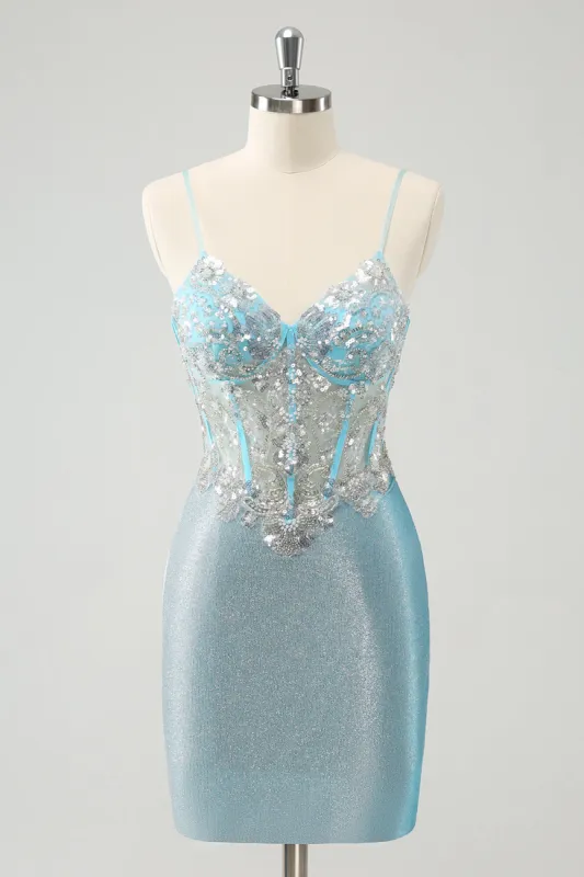 Light Blue Spaghetti Straps Tight Corset Short Homecoming Dress with Sequins sold by Zapaka
