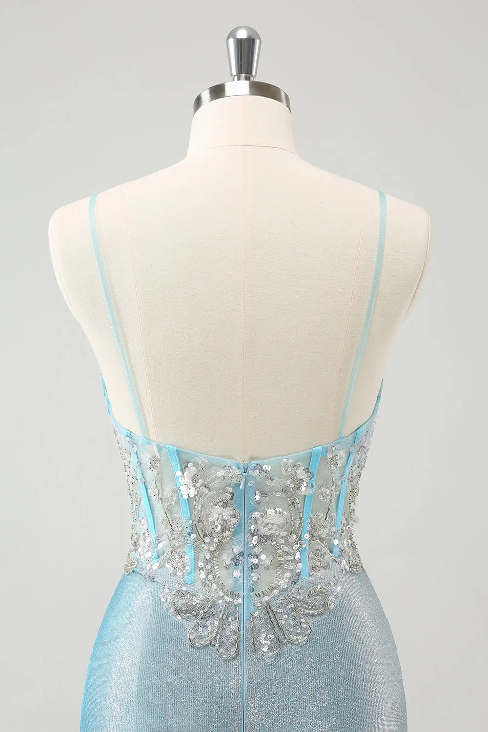 Light Blue Spaghetti Straps Tight Corset Short Homecoming Dress with Sequins sold by Zapaka product image thumbnail 5