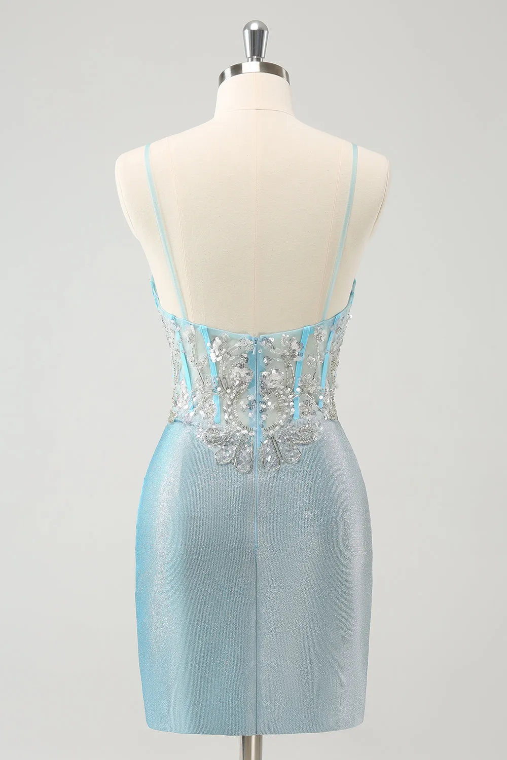 Light Blue Spaghetti Straps Tight Corset Short Homecoming Dress with Sequins sold by Zapaka product image thumbnail 2