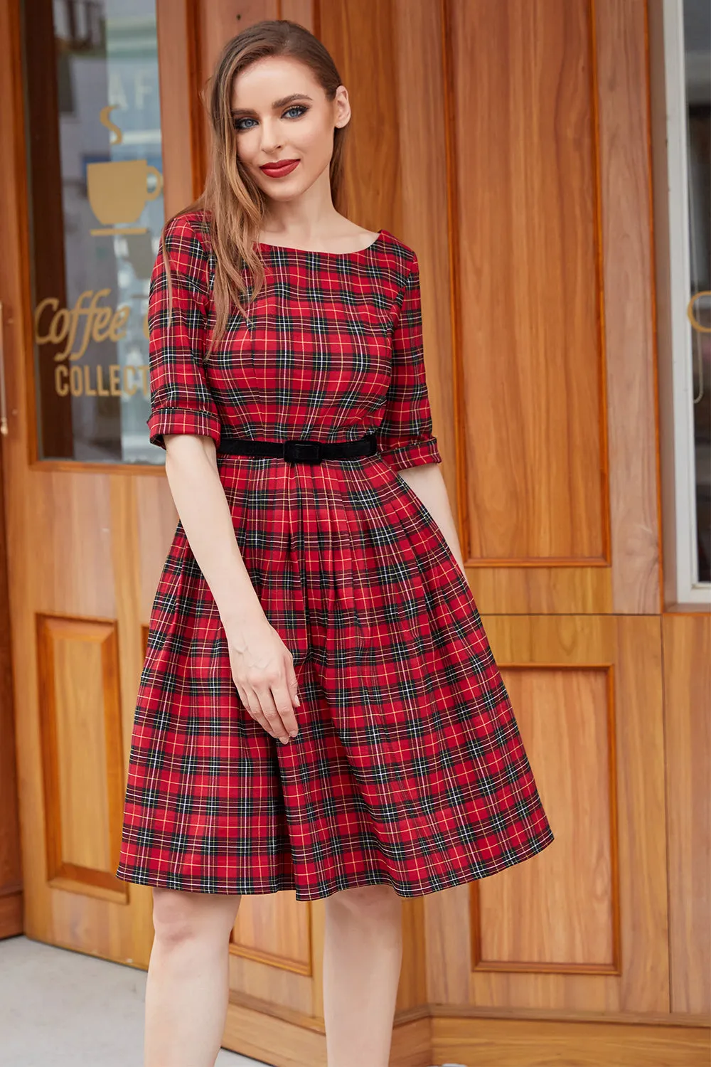 Red Plaid Vintage Dress with Sleeves sold by Zapaka product image thumbnail 4