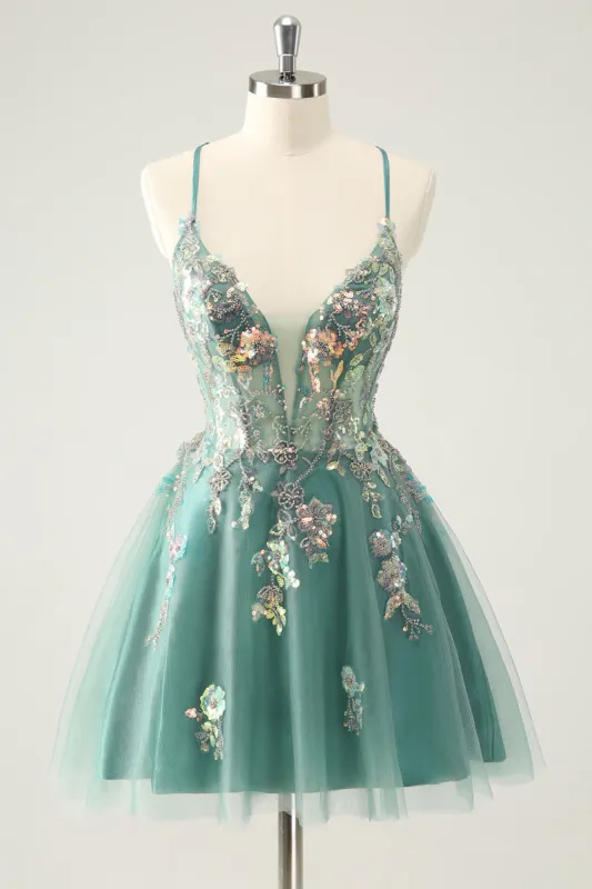 Grey Green A Line Glitter Sequins Spaghetti Straps Homecoming Dresses sold by Zapaka