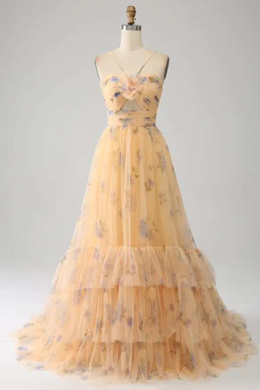Yellow A-Line Halter Pleated Tulle Tiered Prom Dress With Embroidery sold by Zapaka