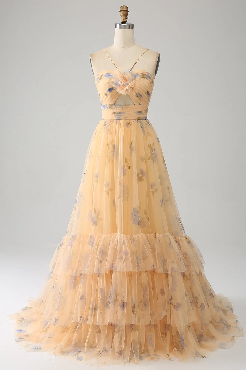 Yellow A-Line Halter Pleated Tulle Tiered Prom Dress With Embroidery sold by Zapaka