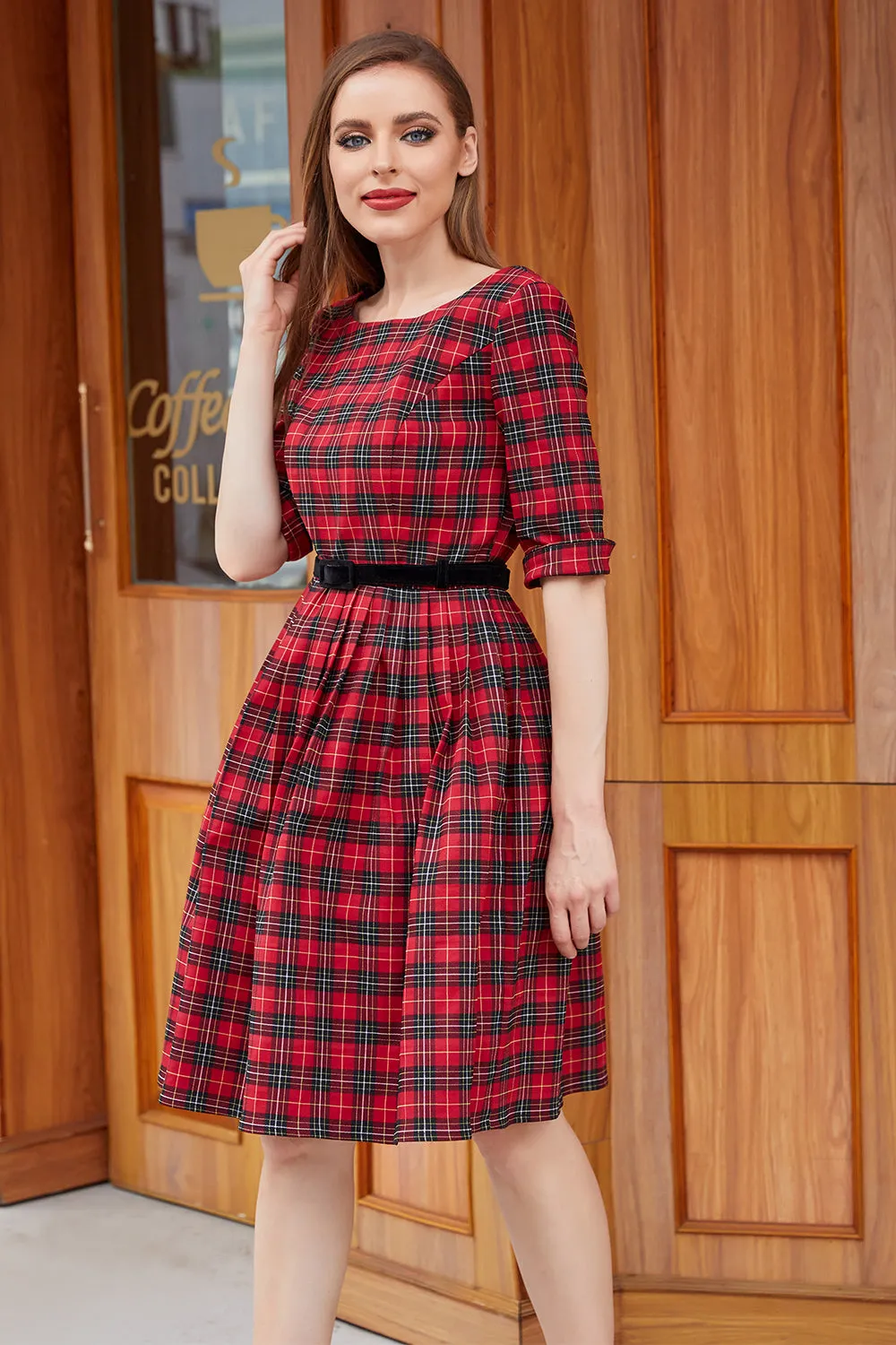 Red Plaid Vintage Dress with Sleeves sold by Zapaka product image thumbnail 5