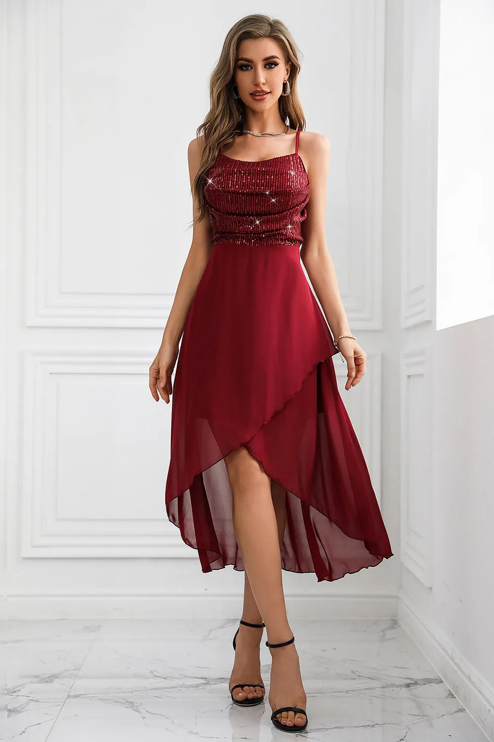 Sparkly Burgundy Spaghetti Straps Asymmetrical Party Dress sold by Zapaka